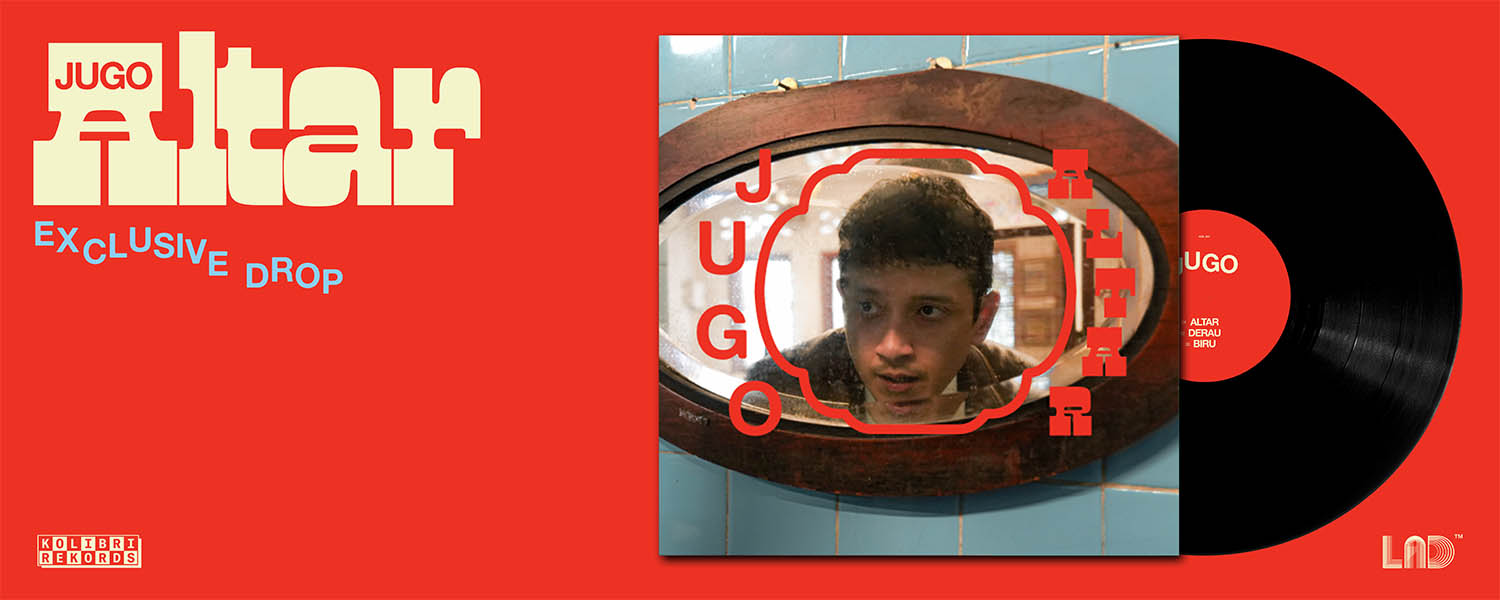 Vinyl record with a person's reflection in a mirror, surrounded by 'Jugo' branding on a red background.